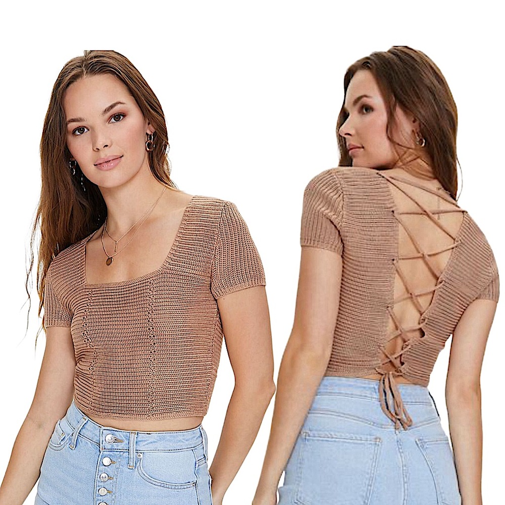 Jolie & Joy NWT Tan Crochet Knit Lace Up Crop Top Size Small